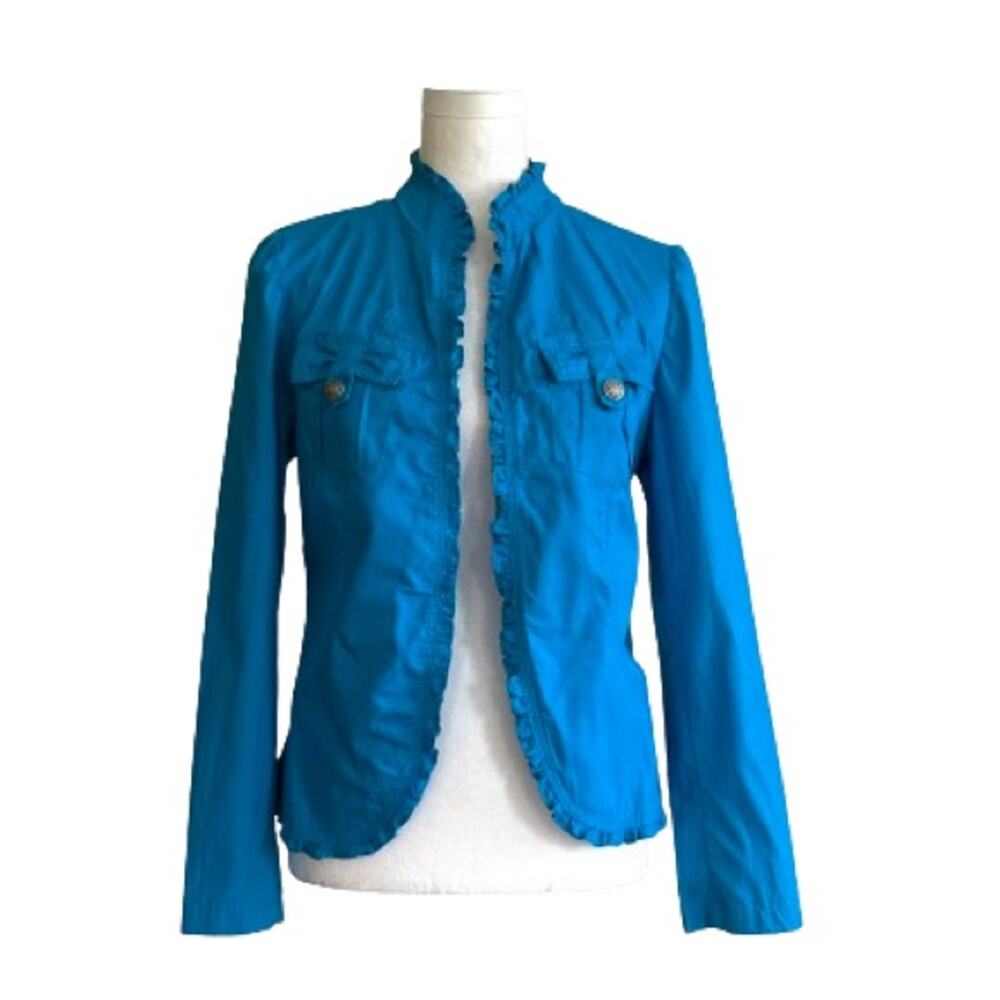 Mirror Image Blazer Jacket Blue Cotton Open Front Ruffled Lightweight  Small NEW